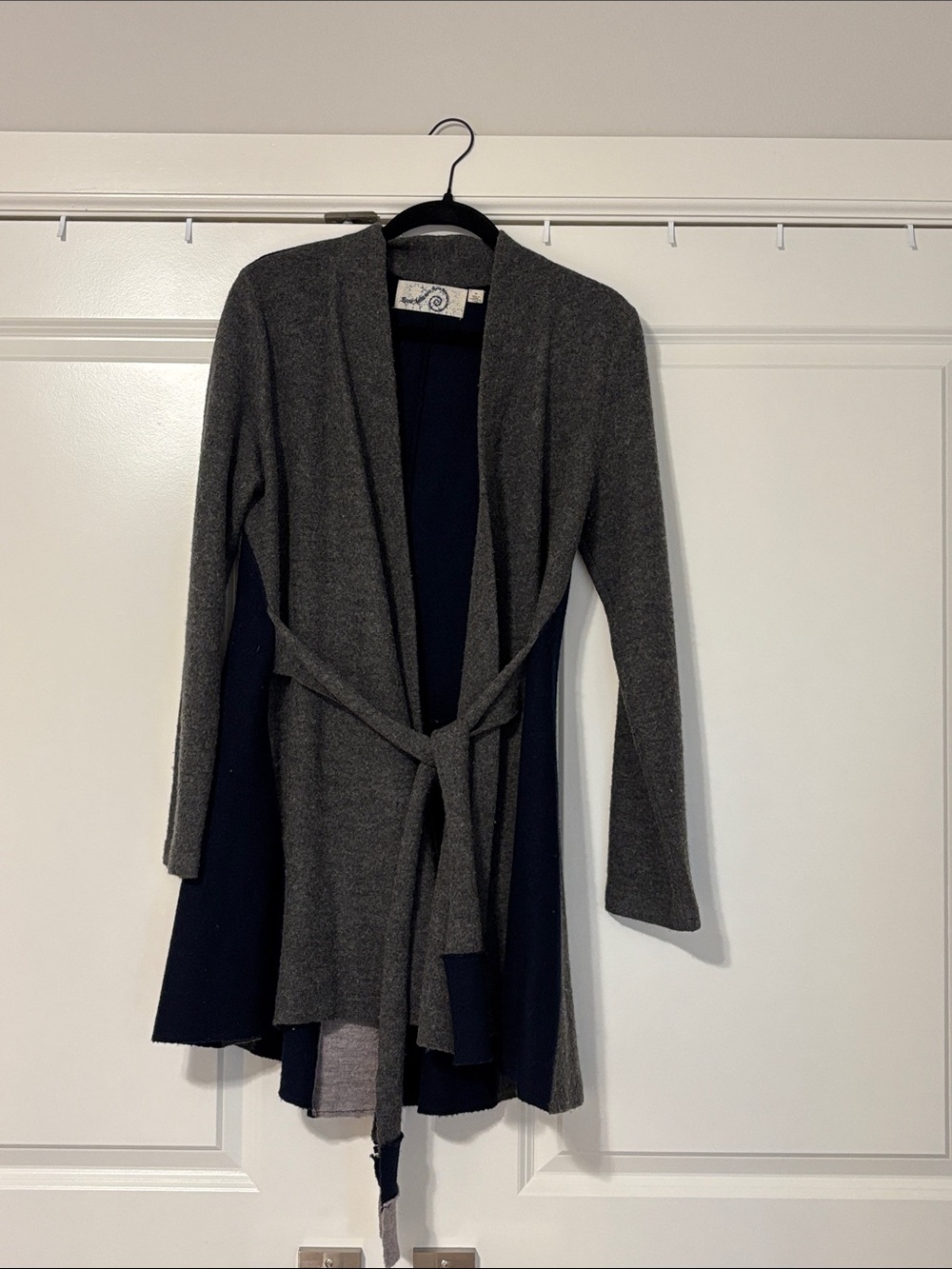 Anthropologie Gray Open-Front Belted Cardigan with Navy Back Panel